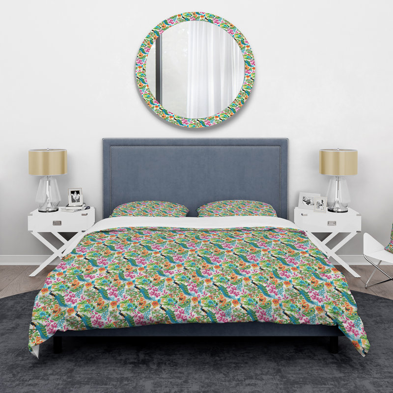 Paons bleus et feuillage vert - ensemble de housse de couette tropical - polyester en microfibre