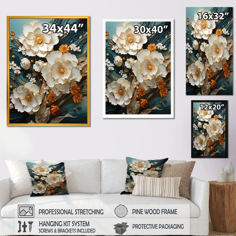 Or et fleurs blanches sur pierre bleue III - Fleurs, art mural, Cadre flottant doré, H 32 po x l 24 po x P 1 po