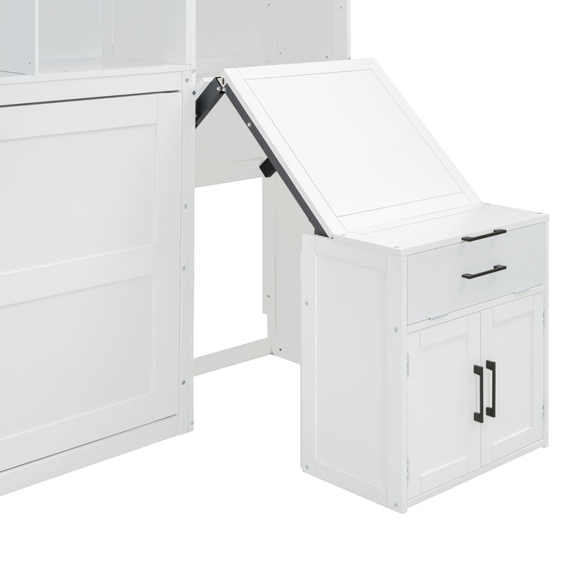 Lit escamotable simple avec lit escamotable avec placard, tiroirs et bureau - Blanc (OLD SKU: LP000595AAK-1)