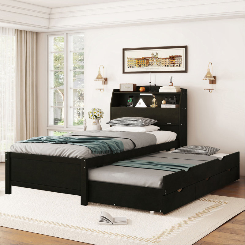 Lit plateforme simple en bois avec lit gigogne, tête de lit et tiroirs, Lit simple, Brun