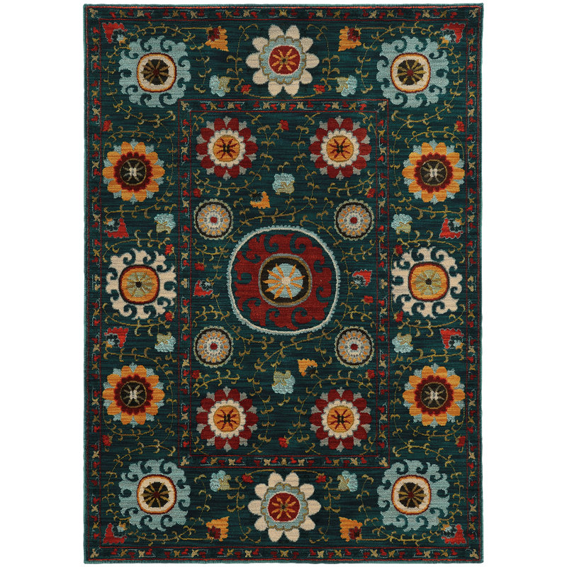 Tapis bleu / rouge tissé à la machine Marceau, Rectangle 9 pi 10 po x 12 pi 10 po