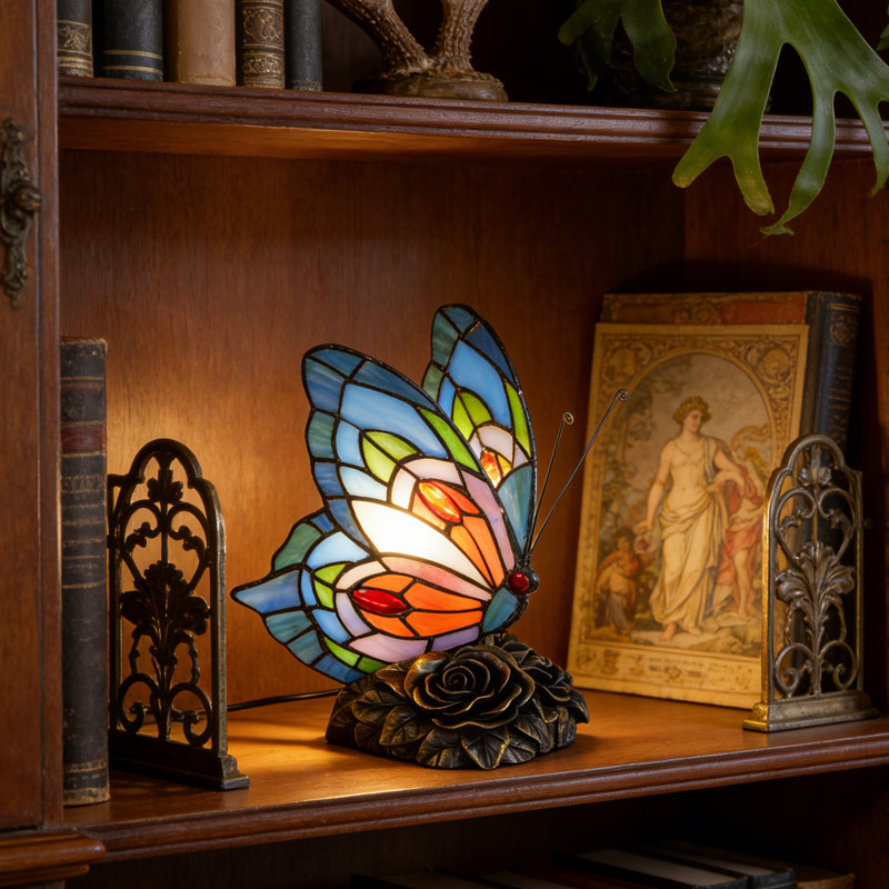 Tiffany Style Butterfly Lamp Stained Glass Table Or Desk Light Bulb Includede