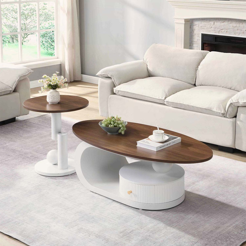 Ensemble de 2 tables basses gigognes, Blanc, Brun