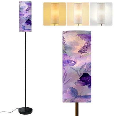  68.5" Standing Floor Lamp lavender Butterfly Watercolor flowers Dimmable Metal Pole Lamp with Linen Lampshade LED Bulb Included