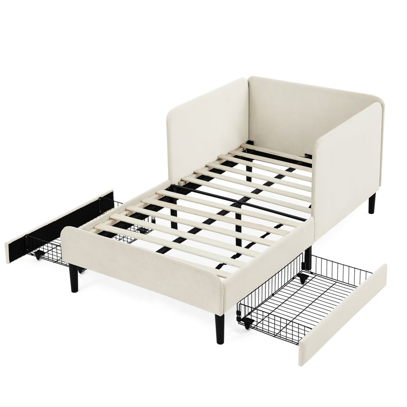 Beige Twin Size Bed Frame With 2 Storage Drawers, Convertible Velvet Bed, Modern Design, Soft Seating Surface, Reinforced Eucalyptus And Construction Adjustable Upholstered For Bedroom, Comfortable ,