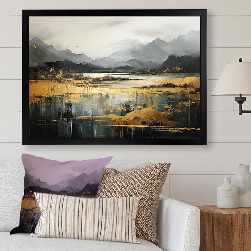 Gris et jaune, paysage de montagne abstrait IV - paysages abstraits, art mural, Cadre d'angle fermé noir