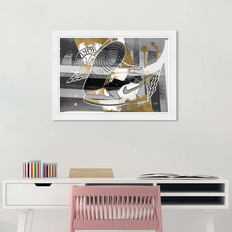 Golden Winged Shoes - impression encadrée, Cadre blanc