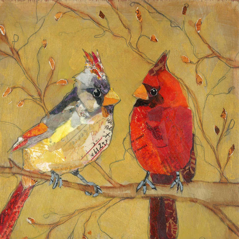 Contemporary Yellow and Red Cardinal Canvas Print with Wood Frame