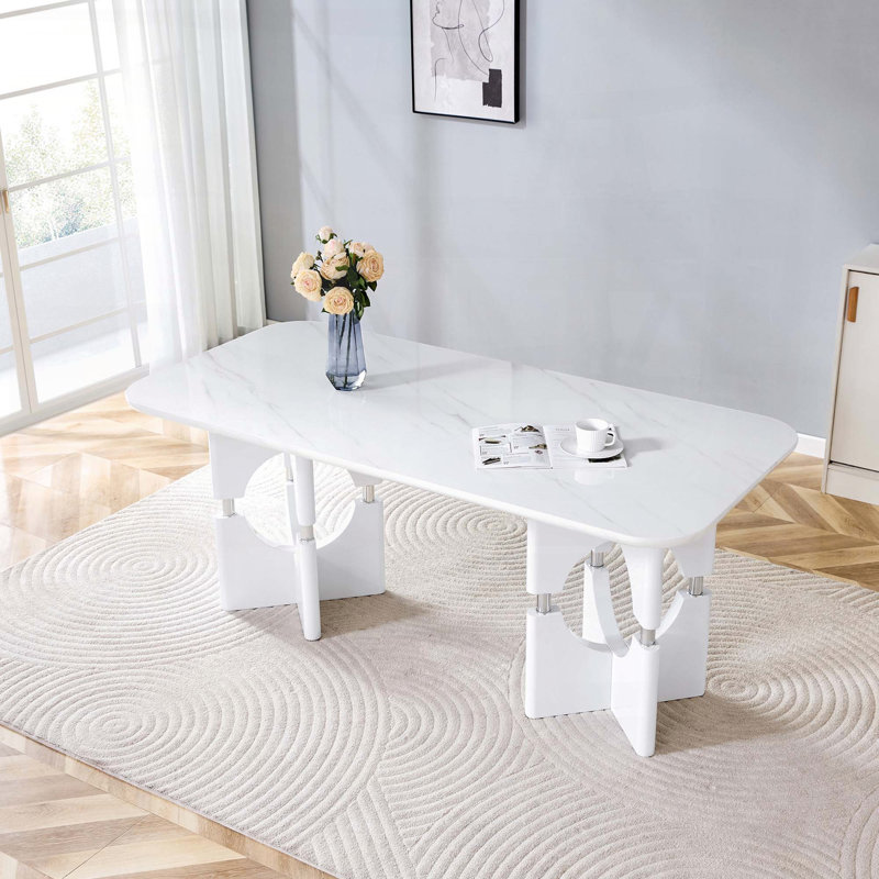 Table de salle à manger moderne en bois aggloméré avec motif en marbre blanc et structure en métal creux, Blanc