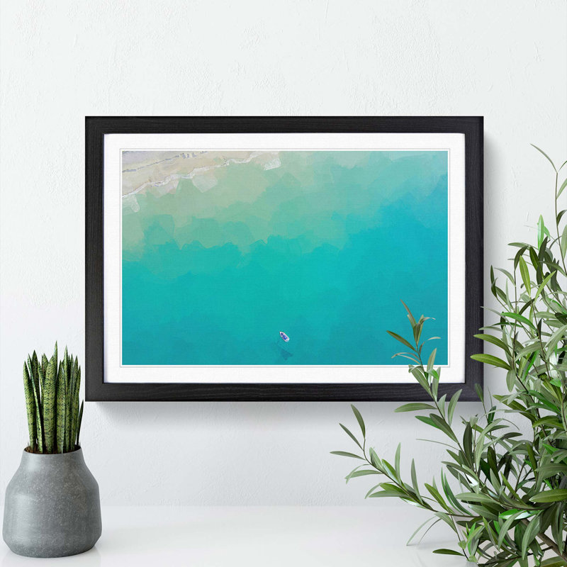Boat in the Ocean in New Zealand in Abstract - Picture Frame Painting Print, 62cm H x 87cm W x 2cm D, Black Framed