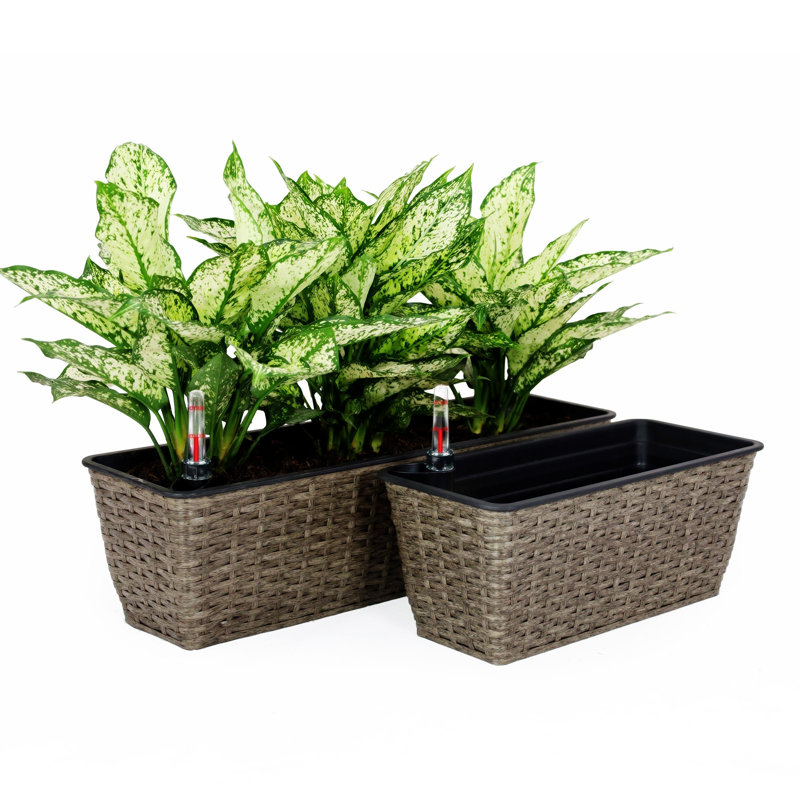 Ensemble de 2 pots à fleurs auto-arrosants - Osier tissé à la main - Rectangulaire - Gris foncé