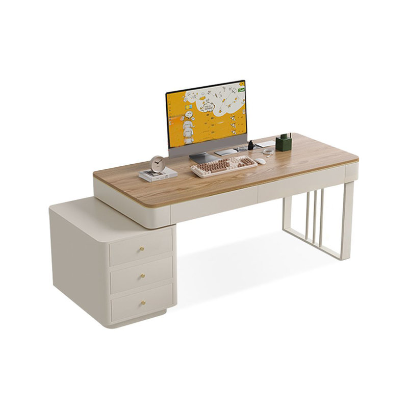 Bureau 5 pièces Burlywood + pierre frittée rectangulaire beige + blanc + bois manufacturé, Retour à gauche