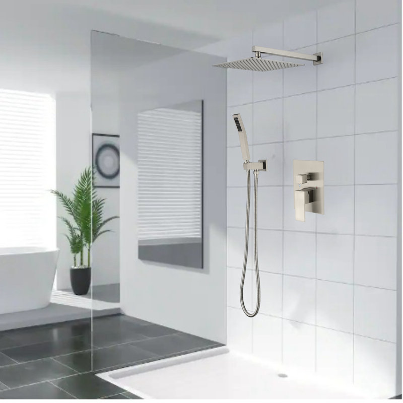 Modern Wall-Mounted Rain Shower System with Air Injection Technology, Brushed Nickel