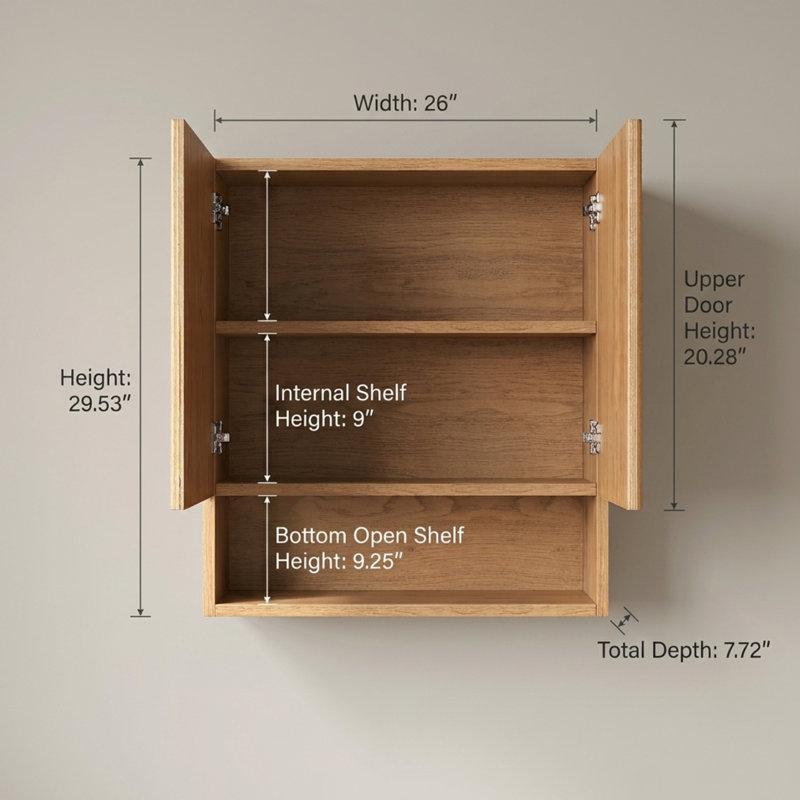 Armoire de salle de bain murale 26 po avec portes et rangement ouvert, Brun