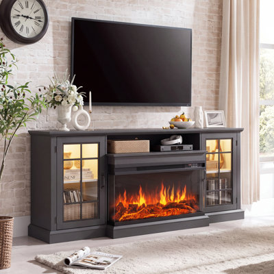 3-Sided Glass Fireplace TV Stand with LED Lights, Farmhouse Media Console Entertainment Center