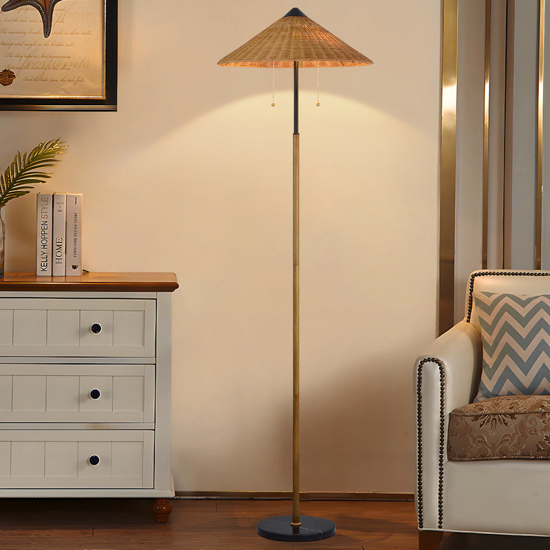 Kisean 68'' Natural Rattan Wicker, 2-Light Floor Lamp with Marble Base
