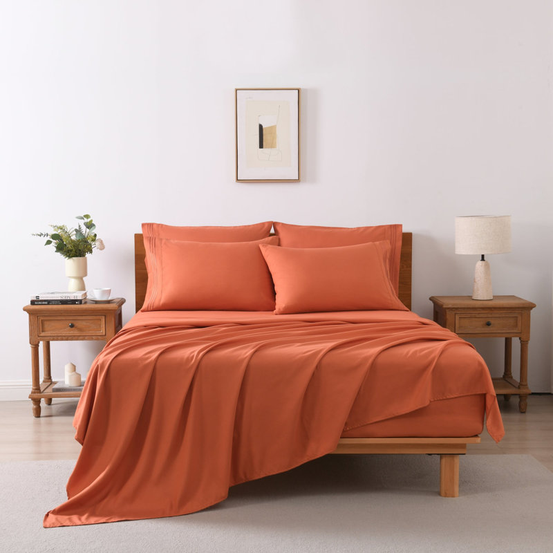 4/6 Pcs Soft Solid & Embroidery Bed Sheets Set, Orange, Full