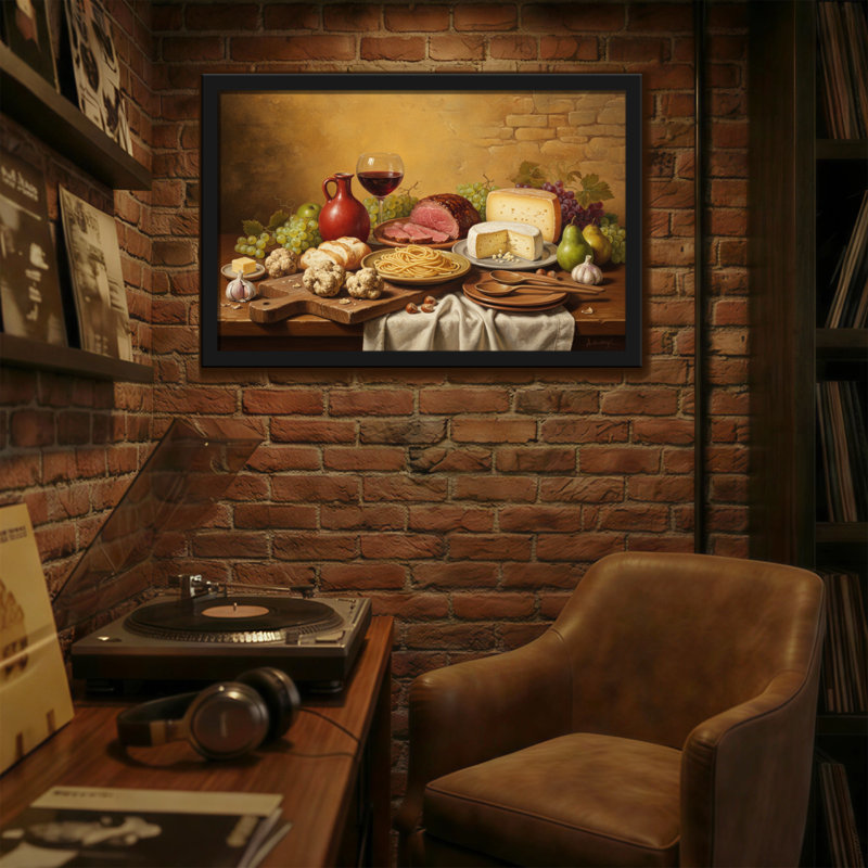 Mode nature morte avec nourriture et vin, H 12 po x l 18 po