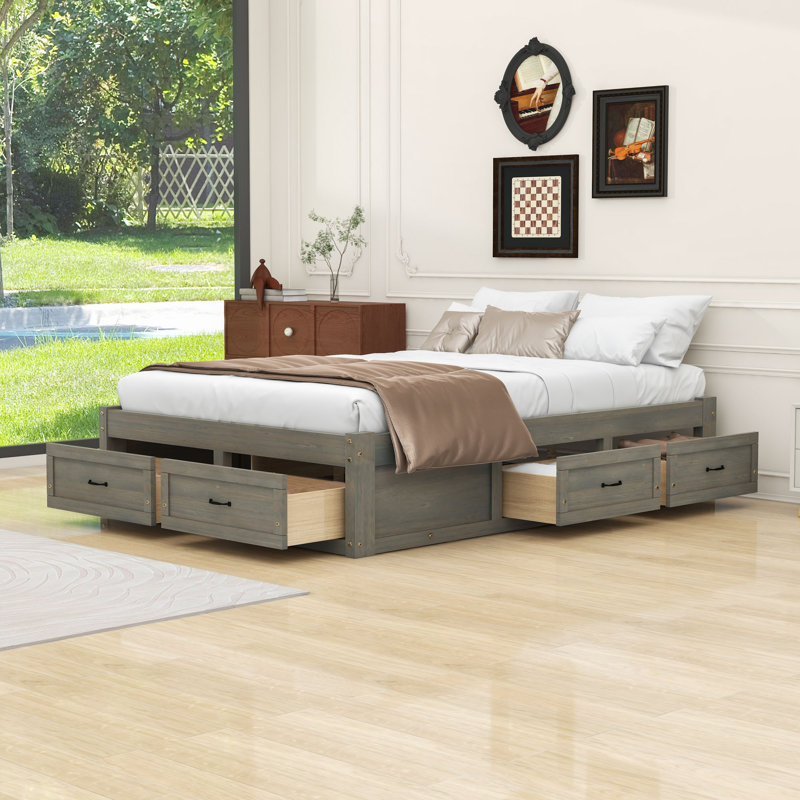 Modern Wooden Platform Bed with Drawers, Antique Grey, Full