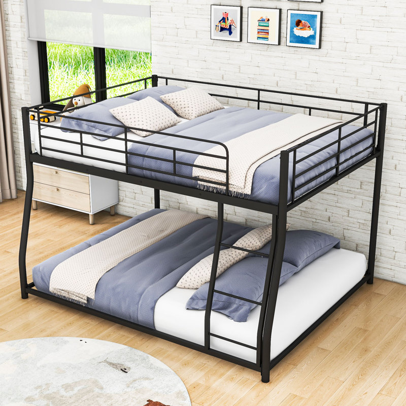 Metal Bunk Bed With Ladder And Guardrails, Full XL Over Queen