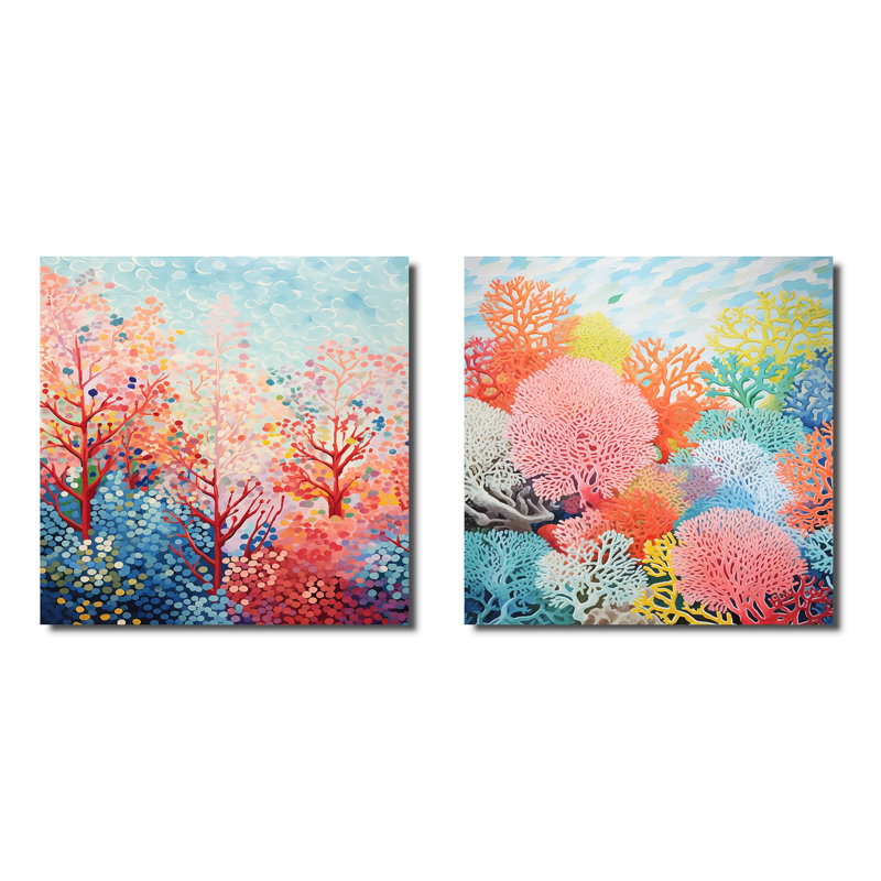 Coral Reef Barrier Expression III - ensemble de 2 collages abstraits carrés, Toile tendue, H 16 po x l 33 po