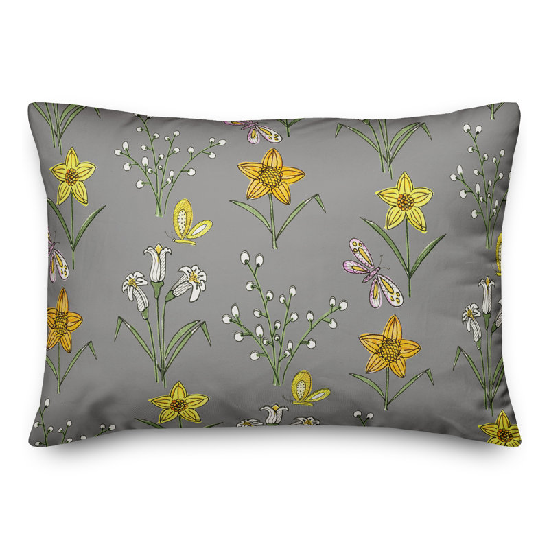  Coussin décoratif floral intérieur / extérieur en polyester, Gris, H 18 po x l 25 po