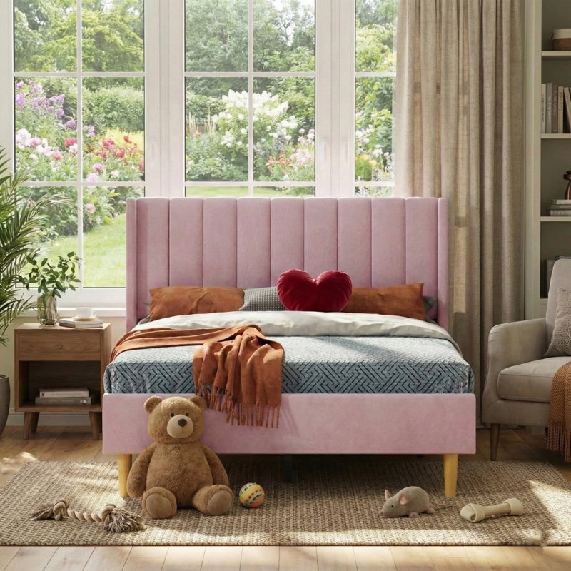 Base de lit tapissier avec tête de lit à oreilles Deeb, Double, Velours rose