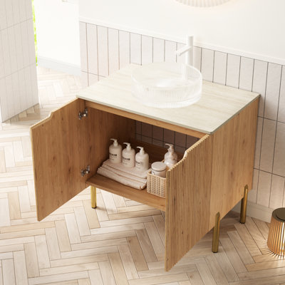 Meuble-lavabo de salle de bain 30 po avec lavabo rond en verre transparent, comptoir en pierre frittée, système de fermeture en contreplaqué avec armoire en contreplaqué, meuble-lavabo d'apparence, comptoir, portes, couleur