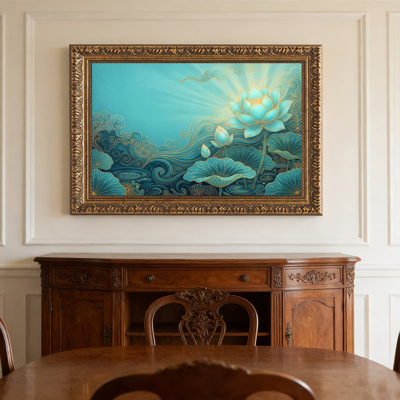 Toile de lotus bleu sarcelle avec tourbillons dorés, art mural, 20"H x 30"W