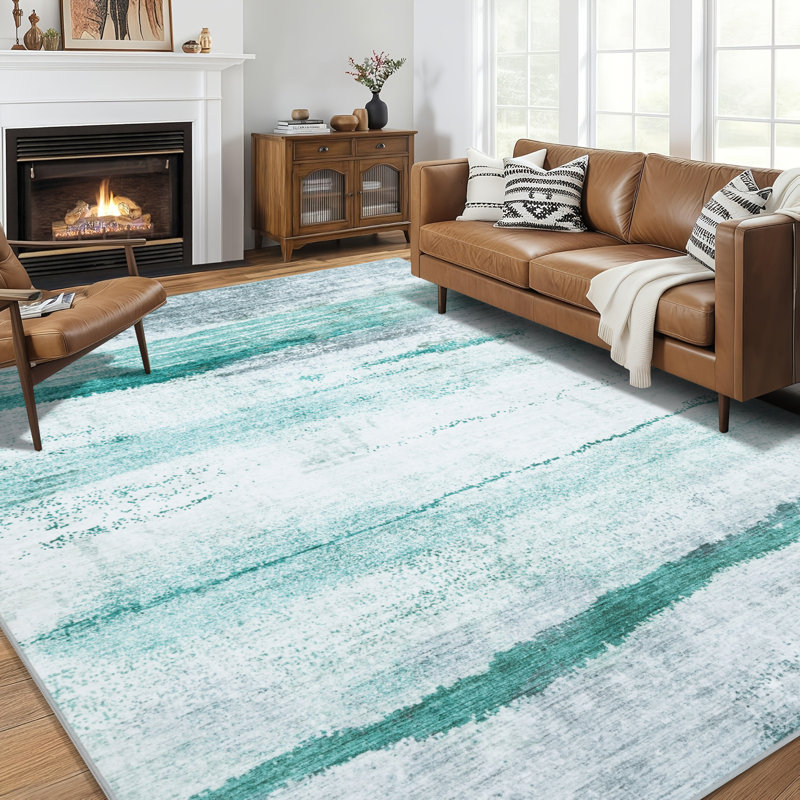 Modern Abstract Machine Washable Gray/White/Green Area Rug, Rectangle 5' x 7'