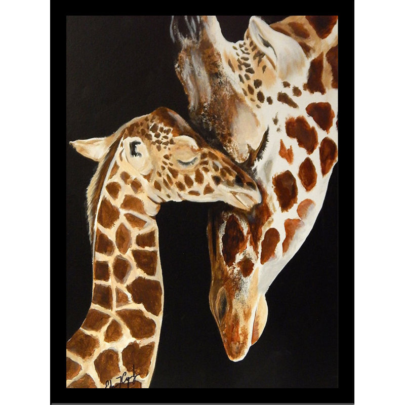 «Giraffes First Kiss», reproduction de peinture acrylique encadrée, H 40 po x l 30 po, Cadre noir, Pas de tapis