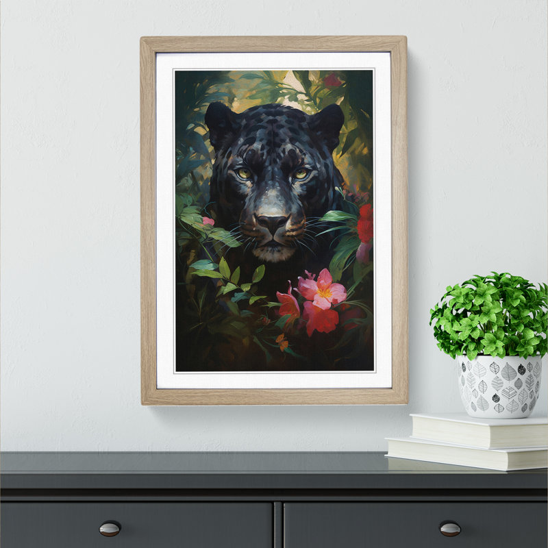 Panther Rococo - Single Picture Frame Print on Wood, Oak Framed, 64cm H x 46cm W x 2" D