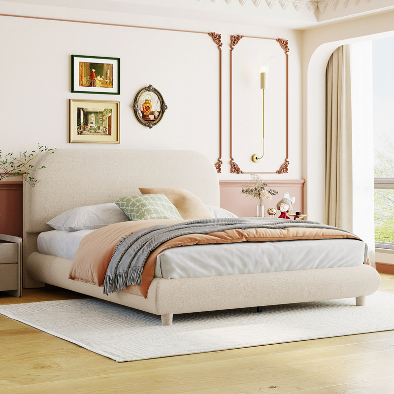 Lit plateforme en tissu d'ameublement Teddy, Beige, Lit double