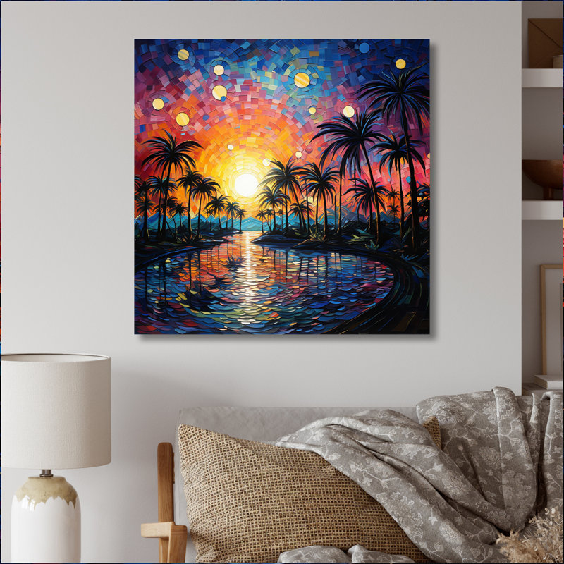 Palmiers, pointillisme tropical II - impression, H 36 po x l 36 po x P 1,5 po, Toile tendue