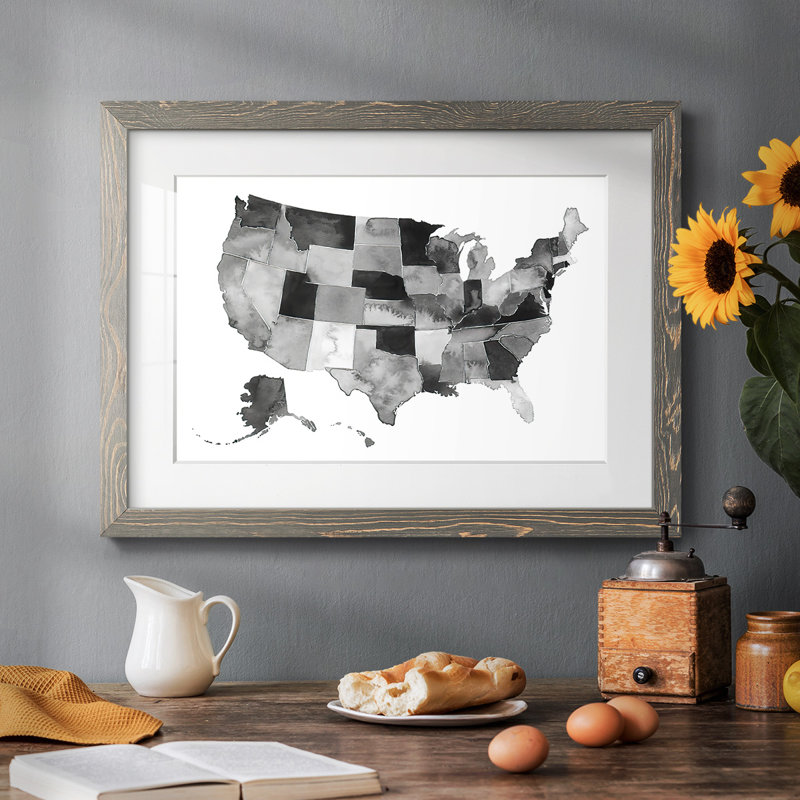 États-Unis à l'aquarelle II, Gris, H 26 po x l 38 po x P 1,5 po