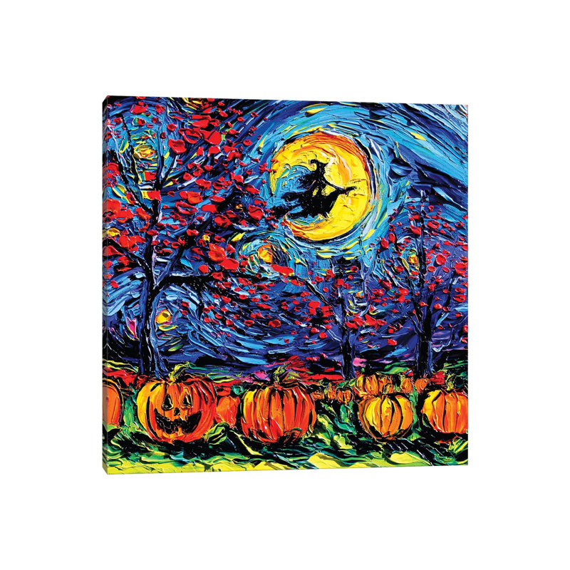 Reproduction d’art, "Starry Halloween" par aja Trèves, Pas de tapis, H 12 po x l 12 po x P 1,5 po, Toile blanche encadrée