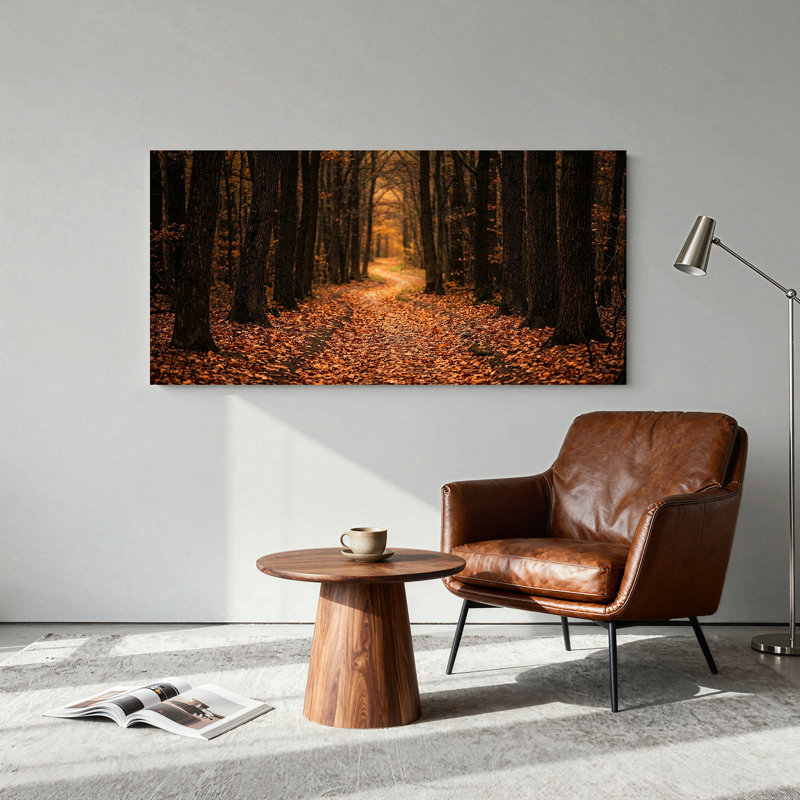 Tableau sur toile représentant un sentier forestier sinueux recouvert de feuilles orangées, 40"W x 20"H