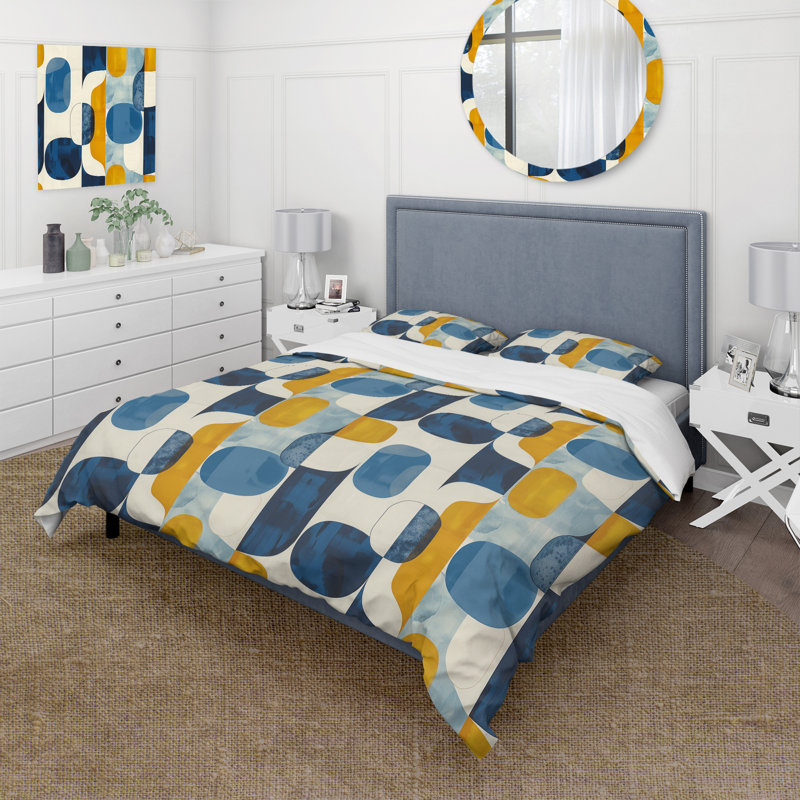 Blue And Yellow Midcentury Geometry - Midcentury Duvet Cover Set, King Duvet Cover + 2 King Shams