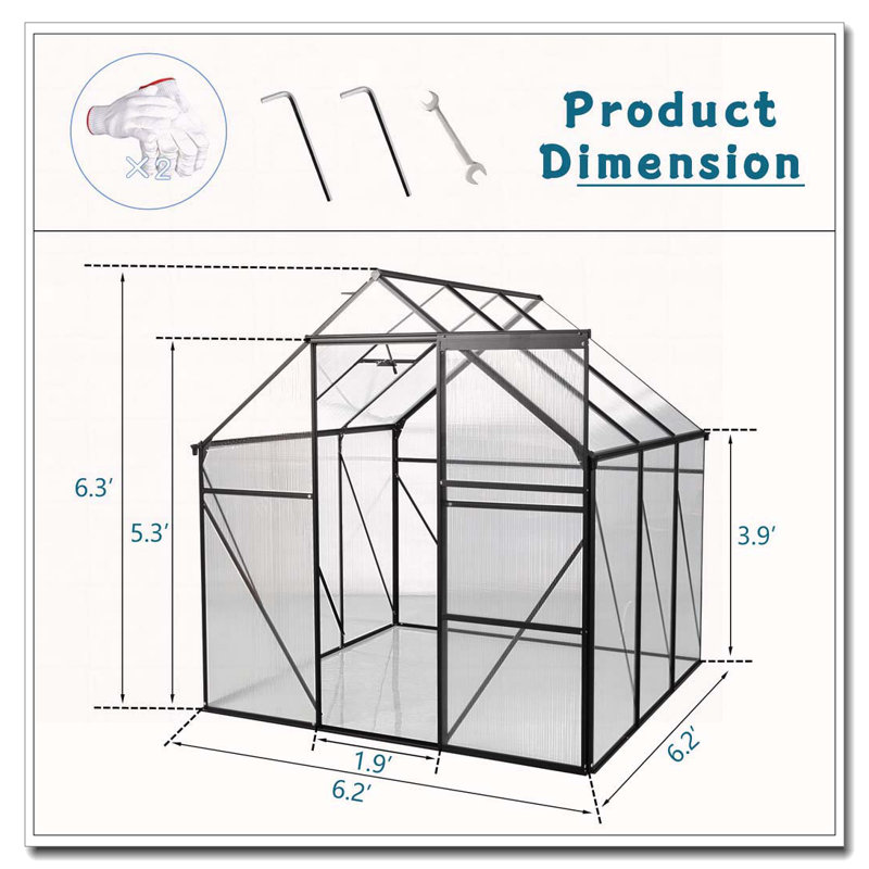 6X6FT-NOIR Serre en polycarbonate surélevée et ancrage serres en aluminium robuste pour cour extérieure en toute saison (W540S00002)