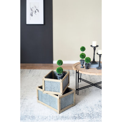 Two Rectangular Planters With Galvanized Metal And 70% Fir Wood, L:20X14x11.5" S:17X12x10", Bring Rustic Ethnic Style To Your Decor Of 2 Planters, Wood Accent, Enhance Indoor Outdoor -