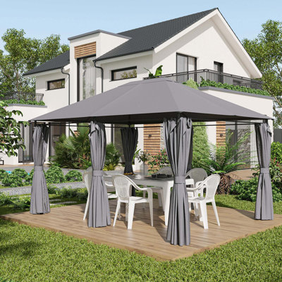 Gazebo de terrasse extérieure 3 m x 4 m avec structure en acier et rideaux, gris