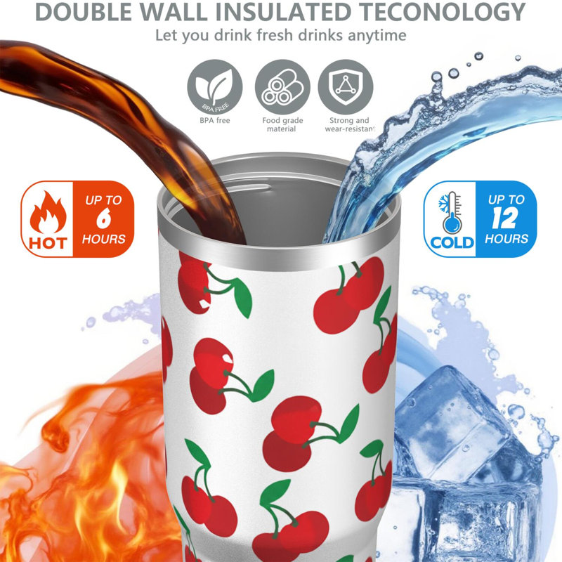Gobelet 30 oz avec couvercle et poignée Gobelets isothermes en acier inoxydable Bouteille d'eau mignonne avec bascule (cerise)