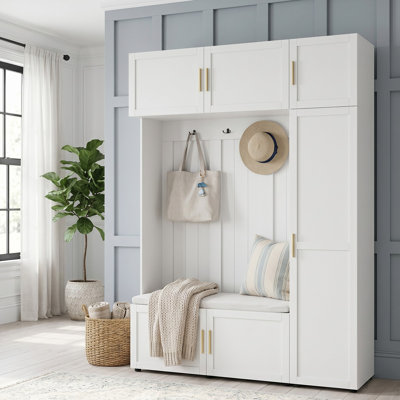 Arbre d'entrée avec banc, siège rembourré et rangement pour armoire, contemporain, vestibule