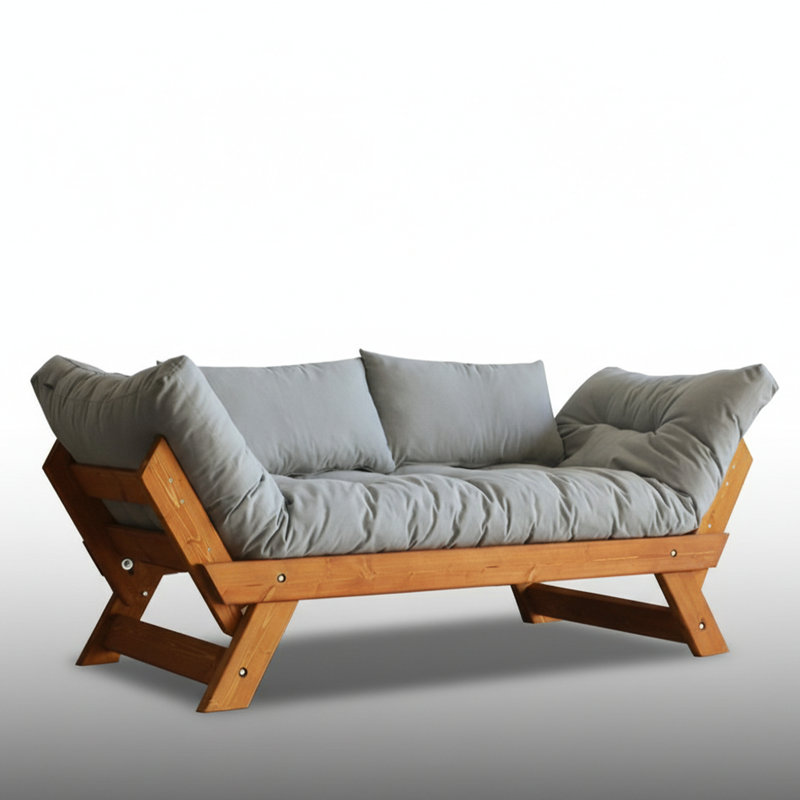 Convertible Pine Wood 2-Seat Outdoor Sofa With Waterproof Linen Cushions, Gray, Teak