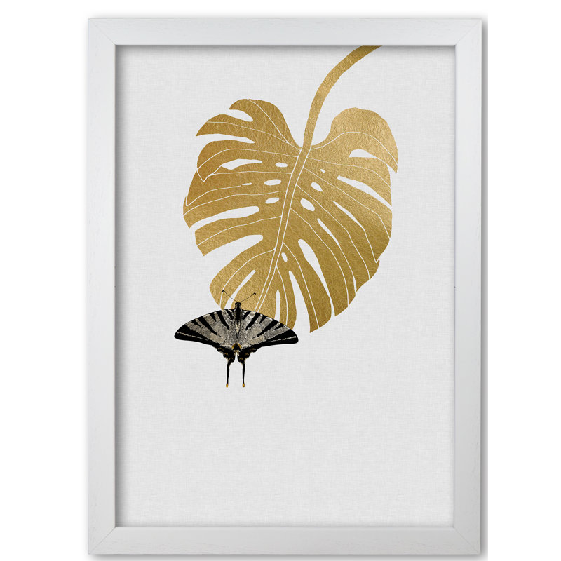 Butterfly & Monstera Leaf - Print, 30 cm H x 21 cm W x 5 cm D, White Grain Frame