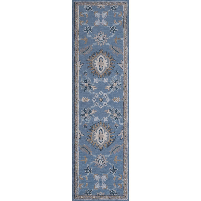 Greer Hand-Tufted Microloop Pile Wool Traditional Medallions Area Rug Blue Tan Ivory, Runner 2'6" x 8'