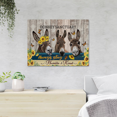 3 ânes mignons avec cadre de fleurs - sanctuaire d'âne toujours rester humble et aimable - 1 pièce, reproduction d'art graphique sur toile tendue