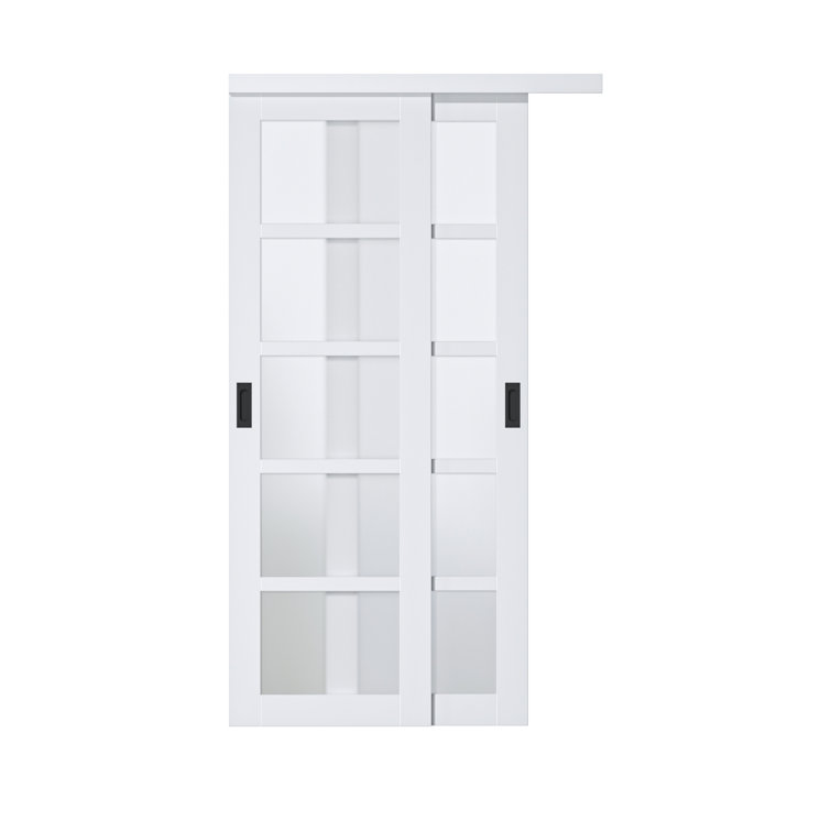 5 Lite Tempered Frosted Glass White Closet Sliding Door with Hardware & Aluminum Flush Pull Plate