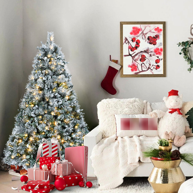 Arbre de Noël floqué avec pin et eucalyptus givré, 150 lumières à DEL blanc chaud, 404 pointes épaisses, assemblage à charnières pour utilisation saisonnière, feuilles artificielles et eucalyptus, éclairage, branche réaliste