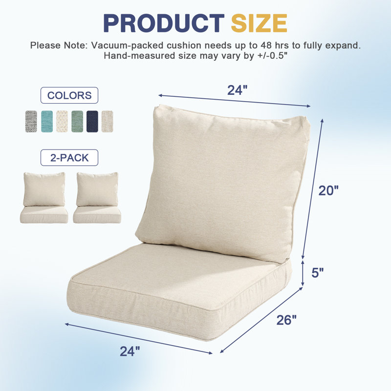  Outdoor Seat/Back Cushion Set of 2, 24" W x 26" D, Cream Beige